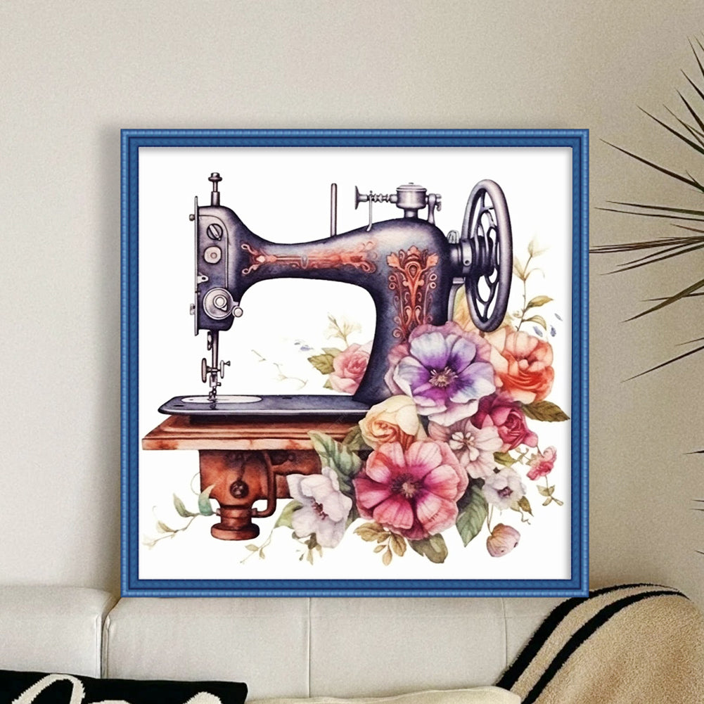 Retro Flower Sewing Machine - 14CT Stamped Cross Stitch 40*40CM