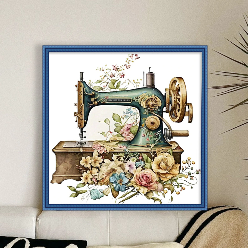 Retro Flower Sewing Machine - 14CT Stamped Cross Stitch 40*40CM