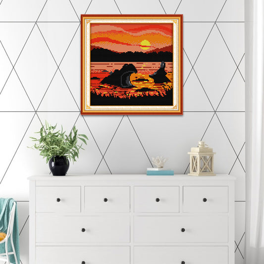 Sunset Hippo - 14CT Stamped Cross Stitch 23*23CM