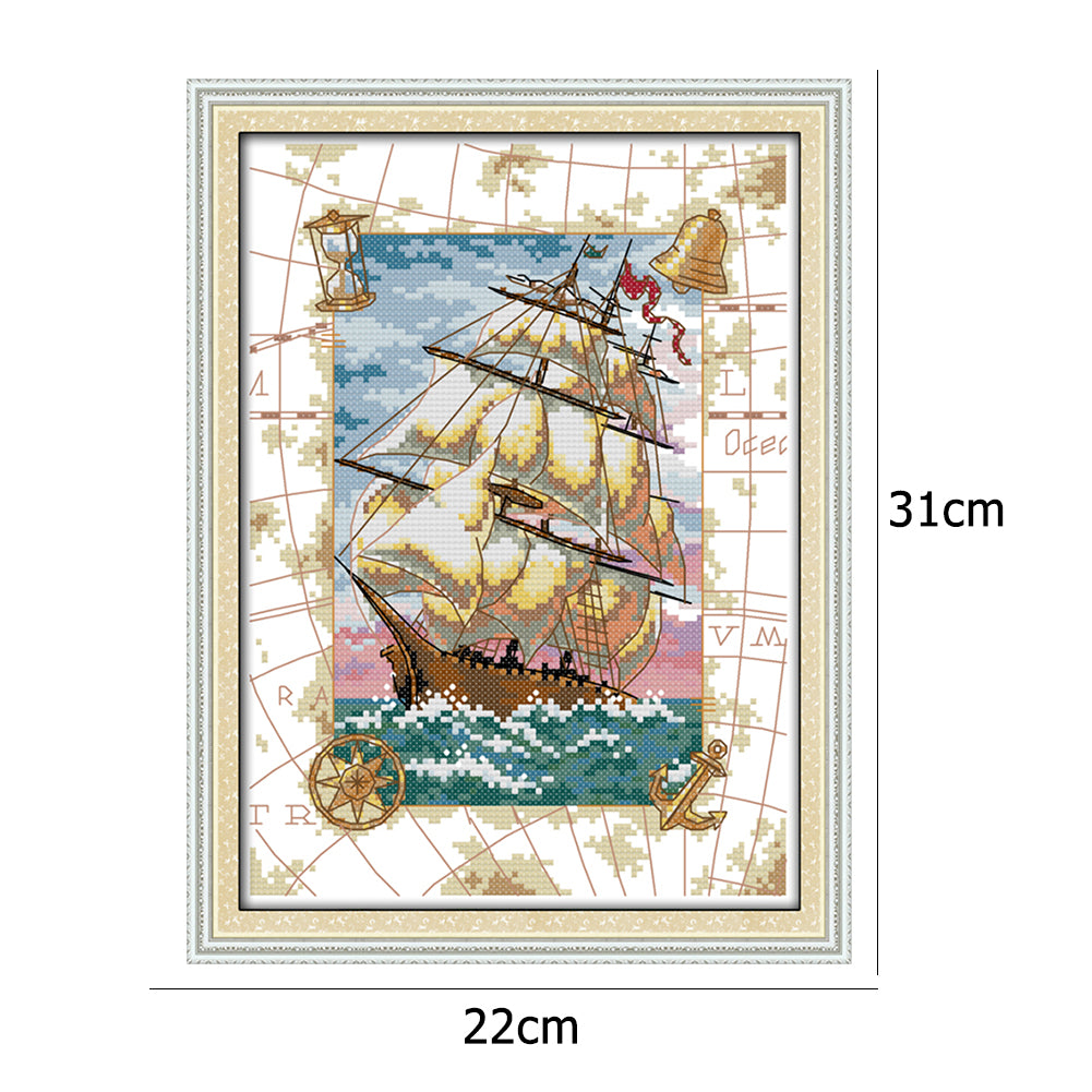 Ship - 14CT Stamped Cross Stitch 31*22CM