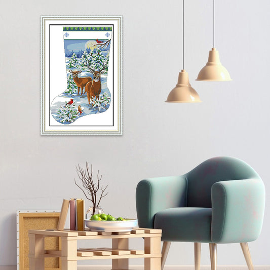 Elk Xmas Socks - 14CT Stamped Cross Stitch 34*50CM