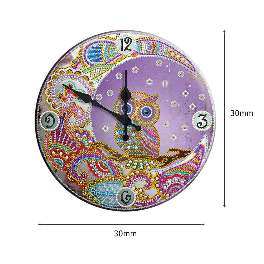 DIY Owl Special Shaped Rhinestones Round Metal Tin Diamond Painting Clock