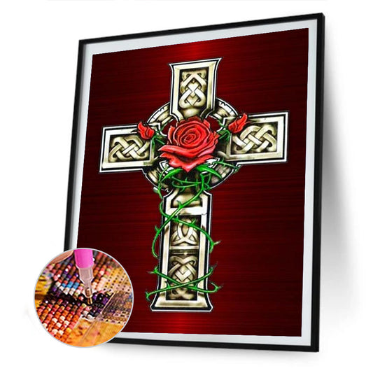 Cross Red Flowers - Full Round Drill Diamond Painting 30*40CM