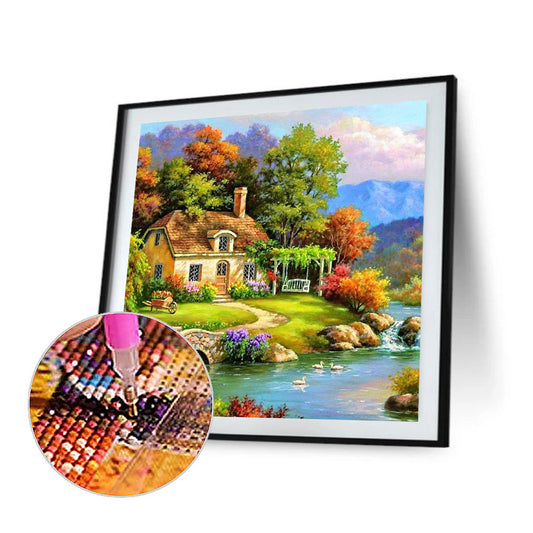 Oil Painting River Houses - Full Round Drill Diamond Painting 50*50CM