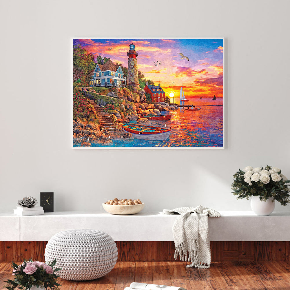 Seaside Pier Lighthouse Sunset - Full Round Drill Diamond Painting 70*50CM
