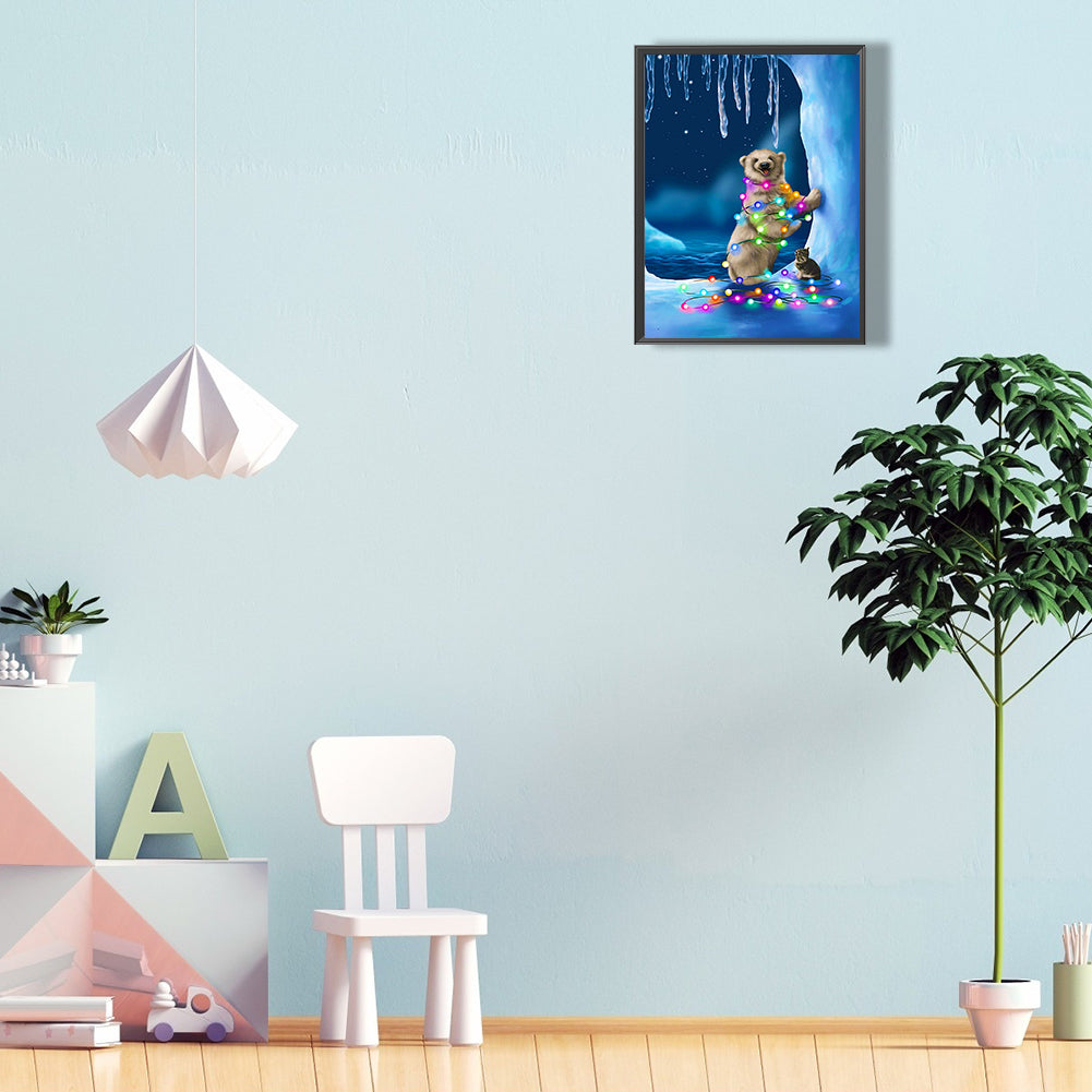 Lantern Polar Bear - Full Round Drill Diamond Painting 30*40CM