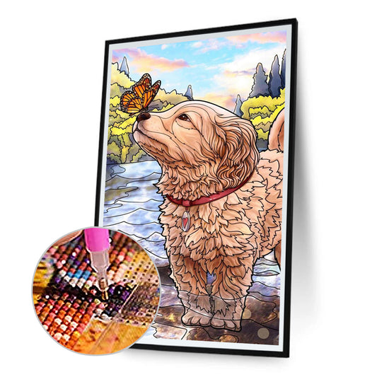 Puppy Playing In Water - Full Round Drill Diamond Painting 30*70CM