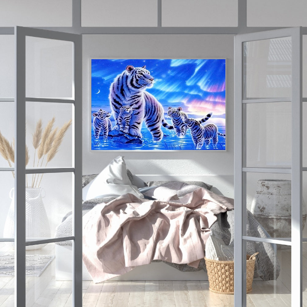 White Tiger Under The Aurora - Full Round Drill Diamond Painting 50*40CM