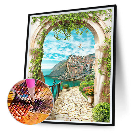 European Arch Seaside Scenery - Full Round Drill Diamond Painting 30*40CM