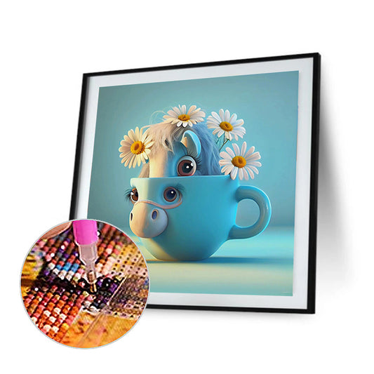 Light Blue Potted Version Of The Zodiac Horse - Full Round Drill Diamond Painting 30*30CM