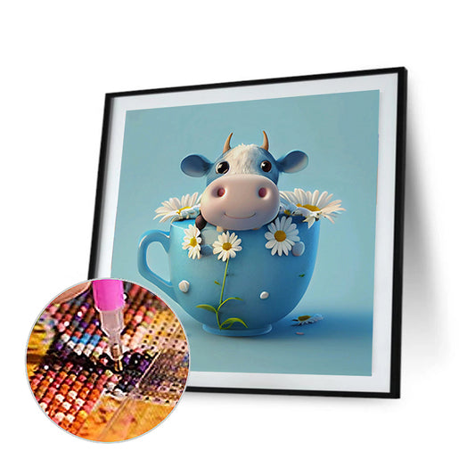 Light Blue Potted Plant Zodiac Ox - Full Round Drill Diamond Painting 30*30CM