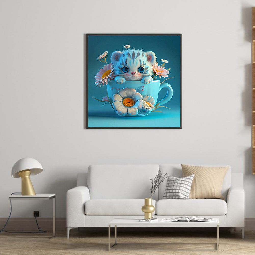 Light Blue Potted Version Of The Zodiac Tiger - Full Round Drill Diamond Painting 30*30CM