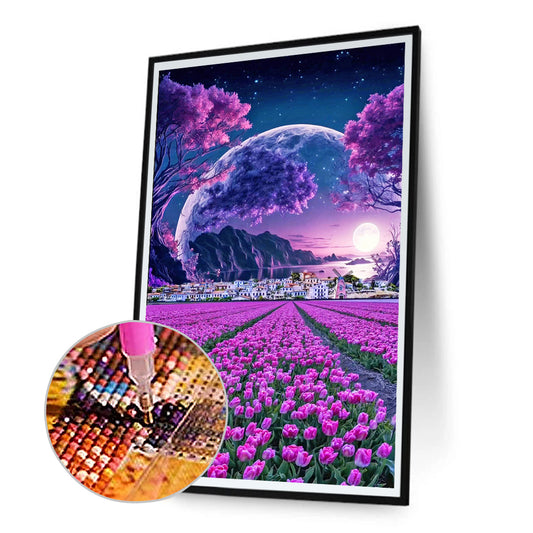 Purple Tulip Flower Sea Village - Full Round Drill Diamond Painting 40*70CM
