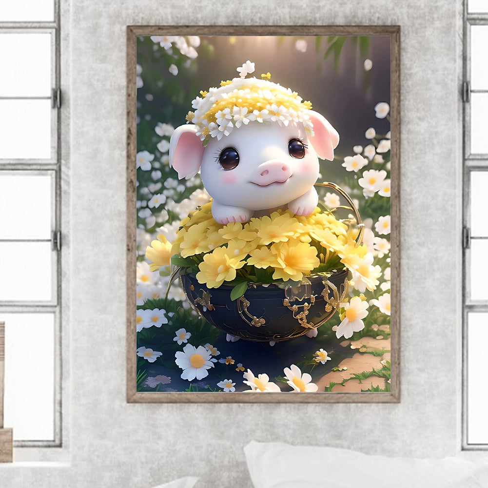 Pig In Flower Basket 30*40Ccm(canvas) full round drill diamond painting