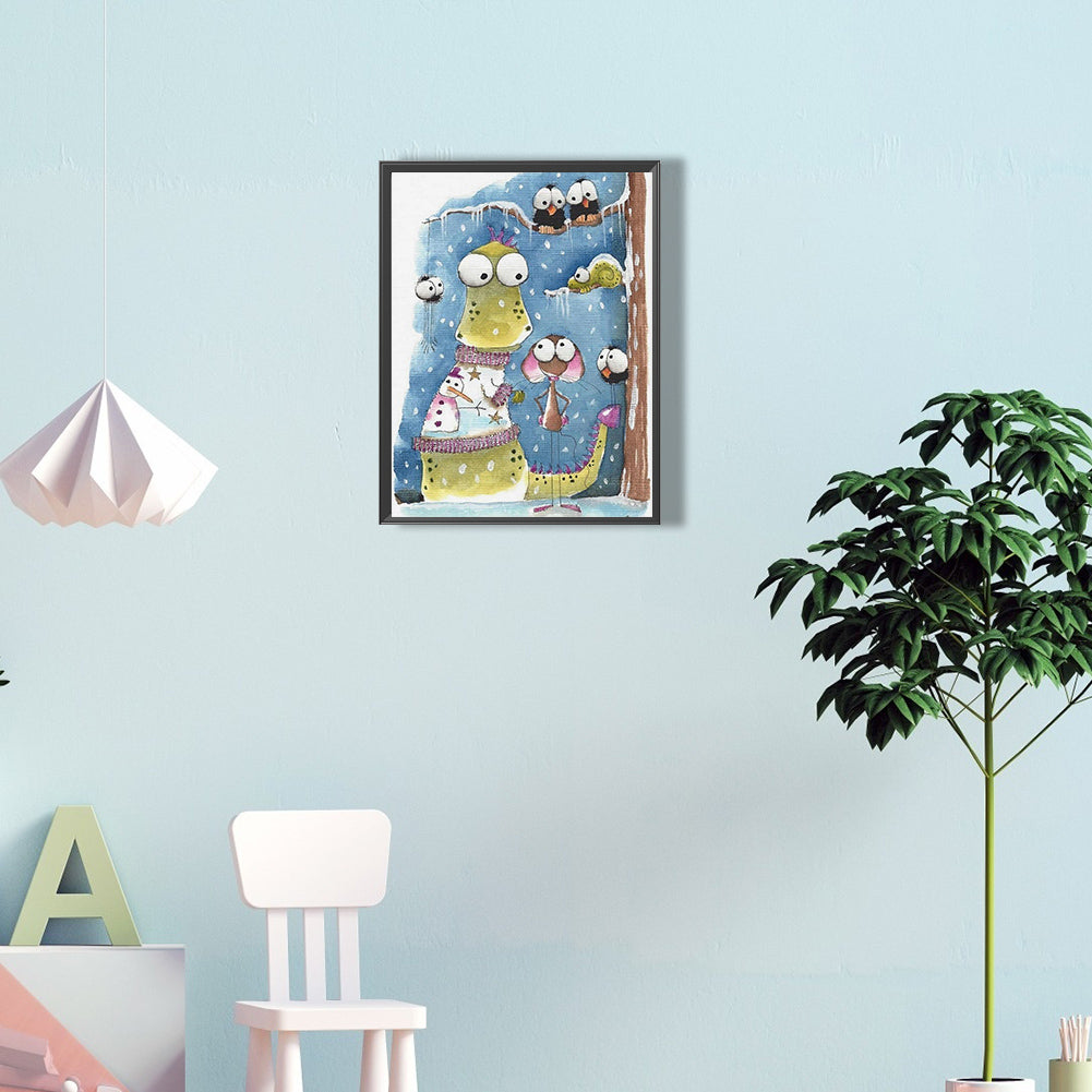 Dinosaur And His Buddy Playing Together In The Snow Season 30*40Ccm(canvas) full round drill diamond painting
