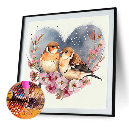 Two Sparrows In The Heart Of Love - Full Round Drill Diamond Painting 30*30CM