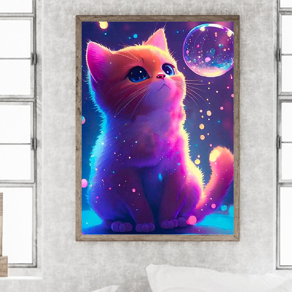 Purple Light Cute Cat - Full Round Drill Diamond Painting 30*40CM