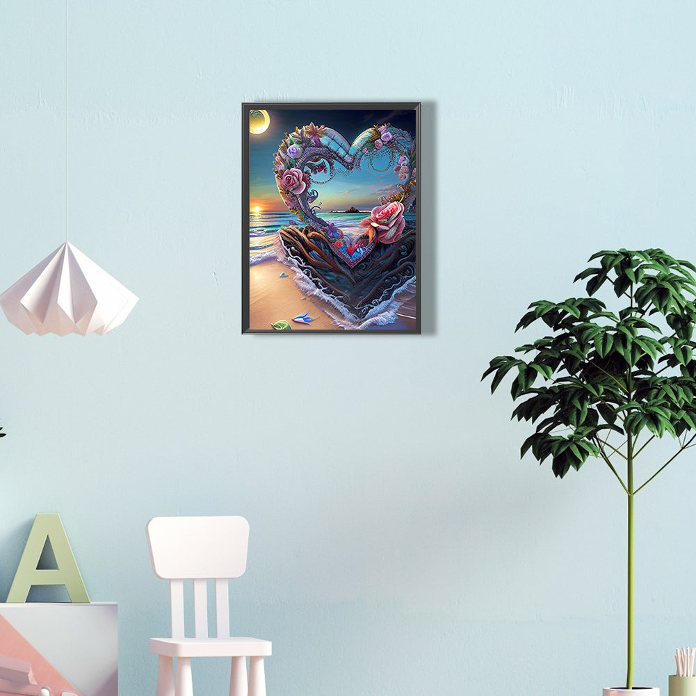 Beach Heart Photo Frame - Full Round Drill Diamond Painting 30*40CM
