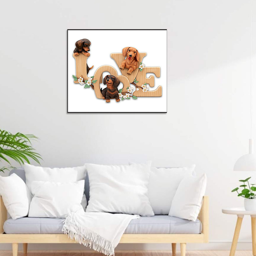 Love Puppy Calligraphy And Painting - Full Round Drill Diamond Painting 60*50CM