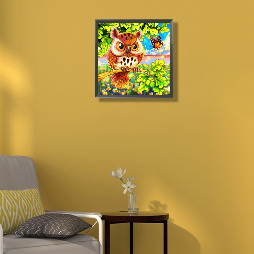 Proud Owl With Butterflies - Full Round Drill Diamond Painting 30*30CM