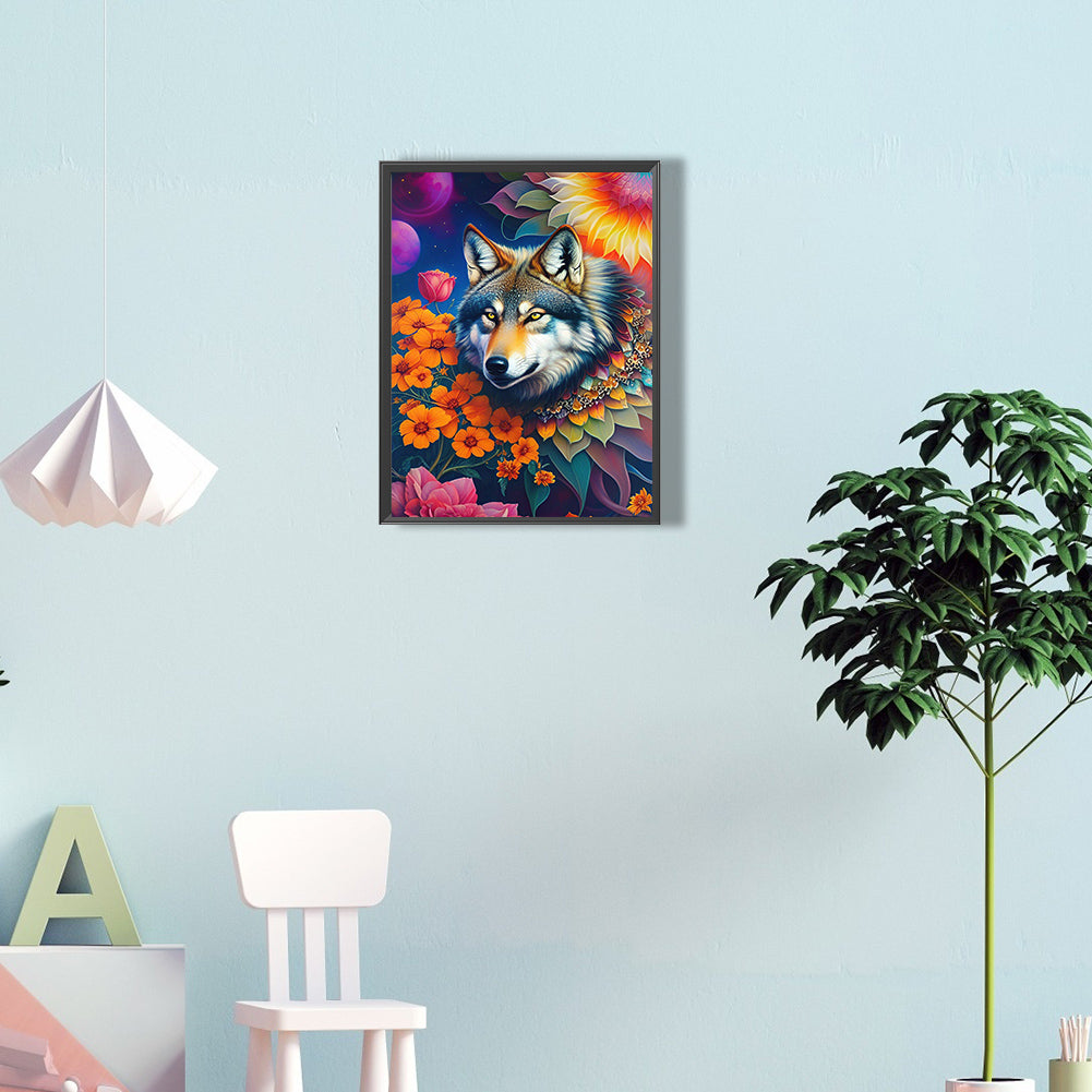 Wolf In The Flowers - Full Round Drill Diamond Painting 30*40CM