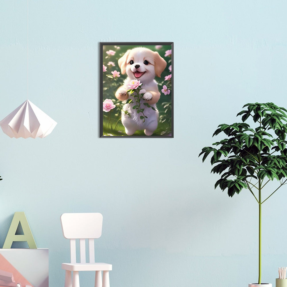 Dog Picking Flowers - Full Round Drill Diamond Painting 30*40CM