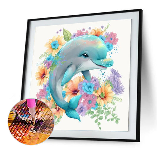 Happy Dolphin Under The Sea Of Flowers - Full Round Drill Diamond Painting 30*30CM