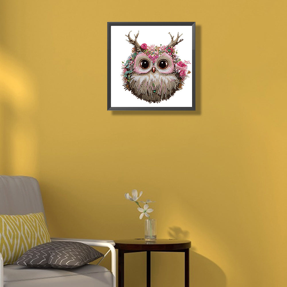 Owl With Flowers - Special Shaped Drill Diamond Painting 30*30CM