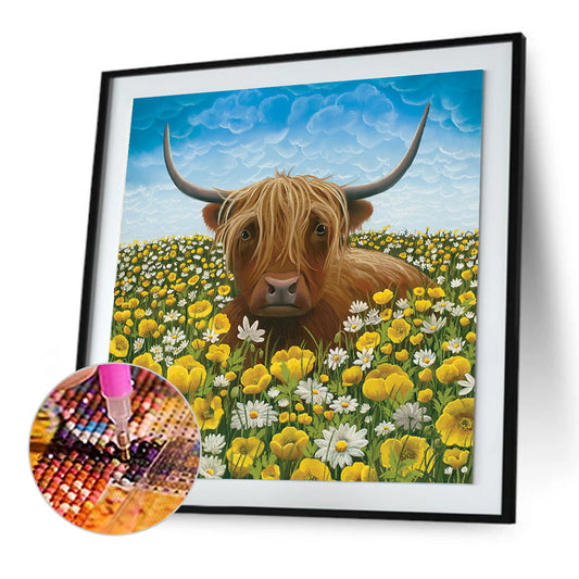 Cow In The Flowers - Full Round Drill Diamond Painting 30*30CM