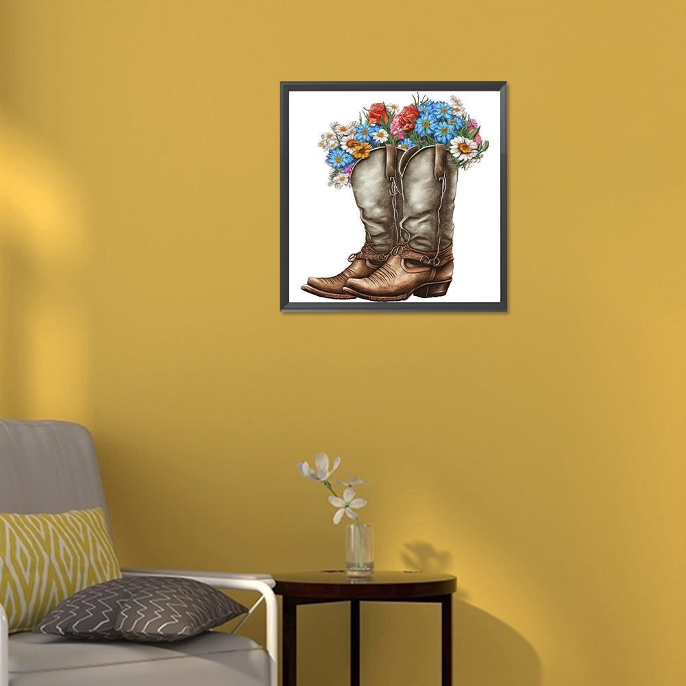 Watercolor Style Boots Flowers - Full Round Drill Diamond Painting 30*30CM
