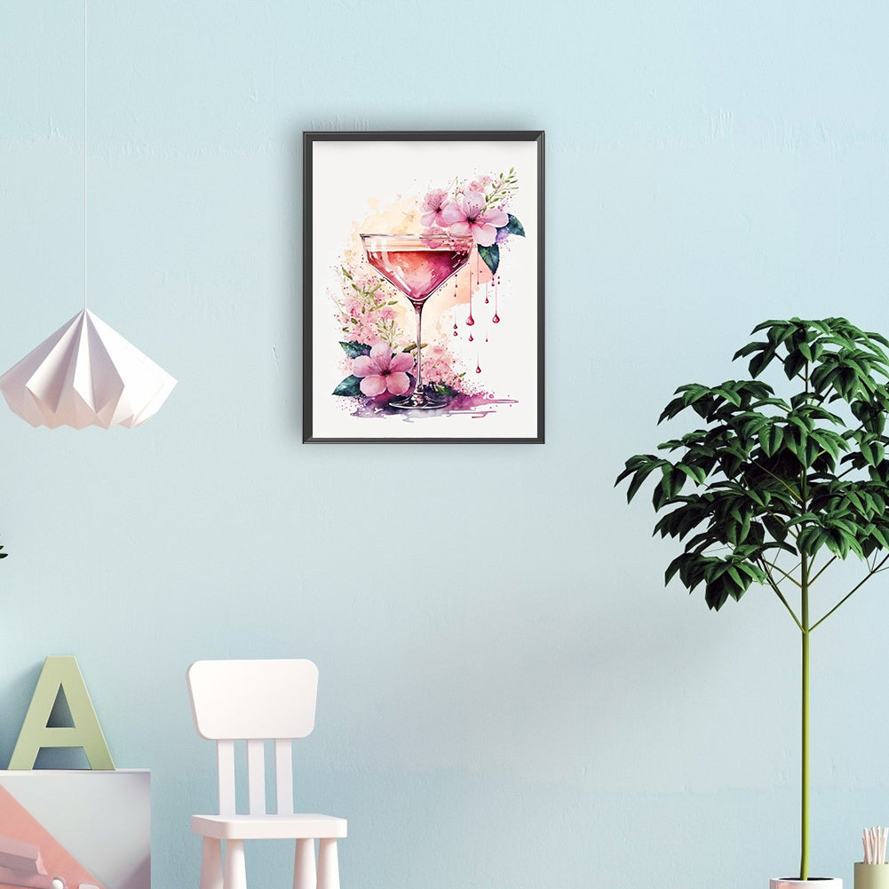 Watercolor Flower Wine Glass - Full Round Drill Diamond Painting 30*40CM
