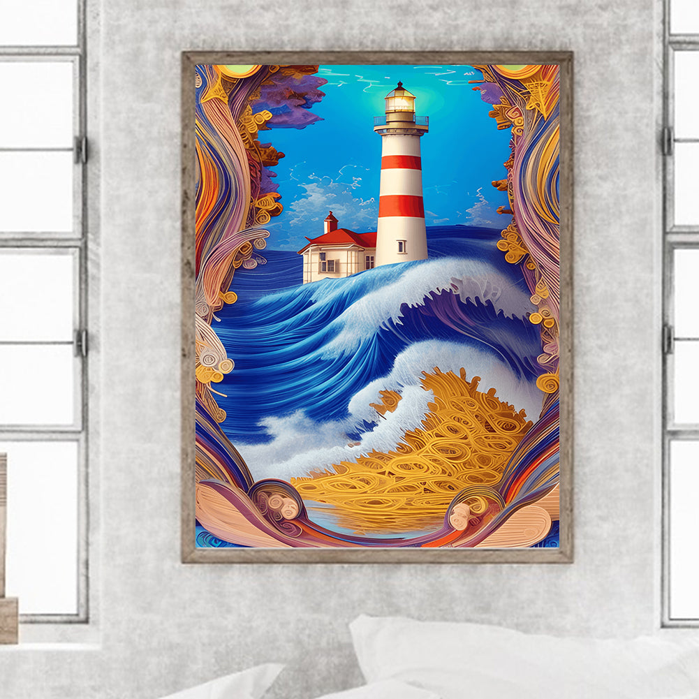Paper Painting Of Lighthouse - Full Round Drill Diamond Painting 30*40CM