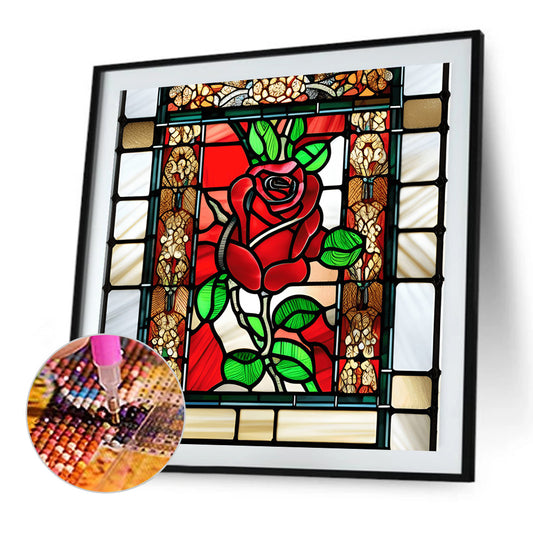 Stained Glass Art Red Rose - Full Round Drill Diamond Painting 40*40CM