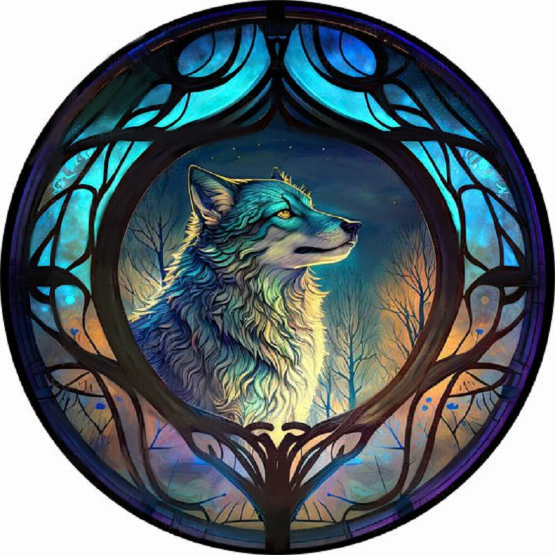 Round Card Glass Wolf - Full Round Drill Diamond Painting 30*30CM