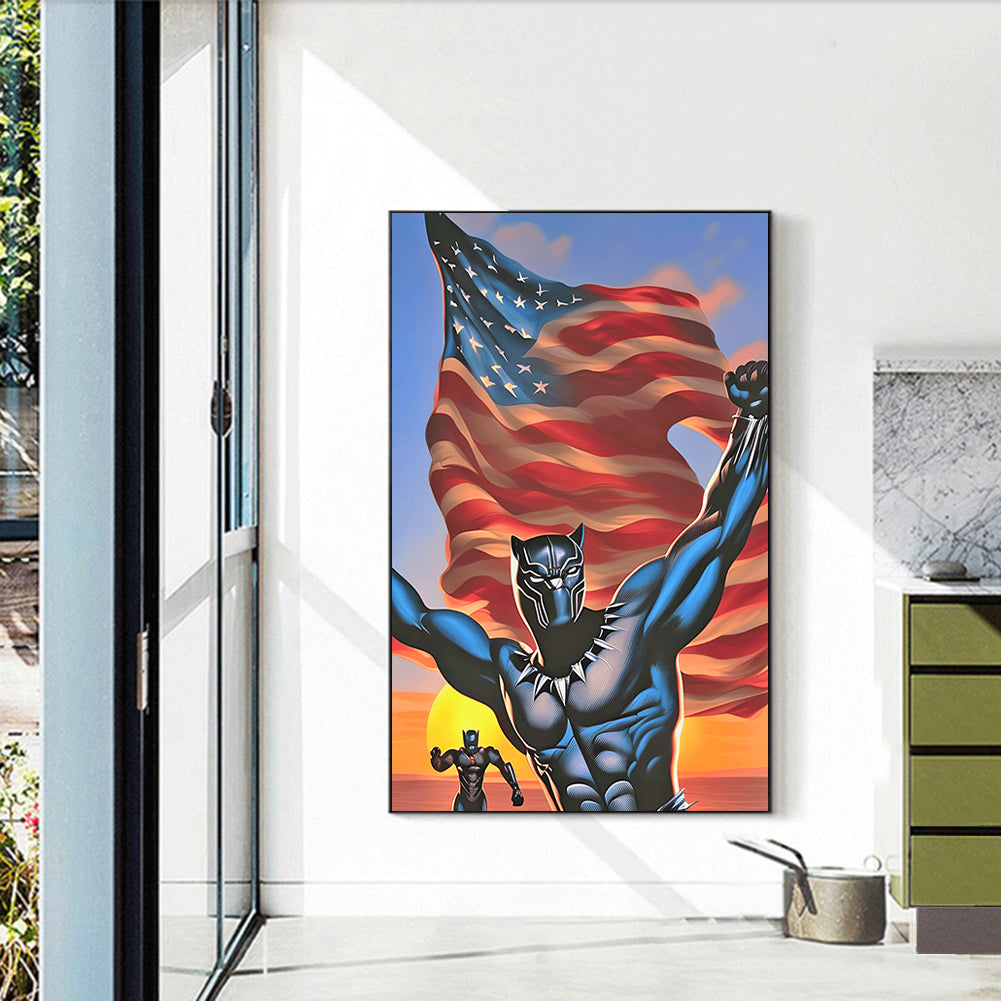 Black Panther With American Flag - Full Round Drill Diamond Painting 40*60CM