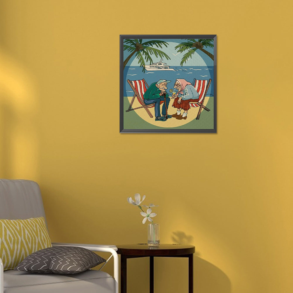 Elderly Couple Sitting On Beach Chairs - Full Round Drill Diamond Painting 30*30CM