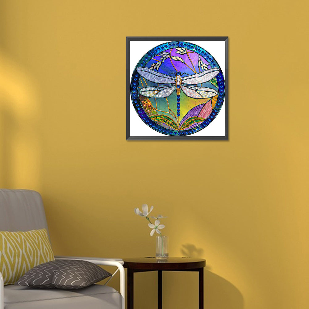 Dragonfly Painted On Round Plate Glass - Special Shaped Drill Diamond Painting 30*30CM