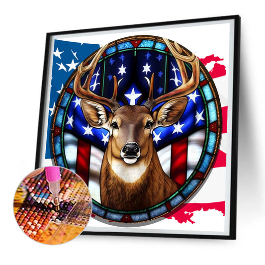 Deer With American Flag - Full Round Drill Diamond Painting 30*30CM