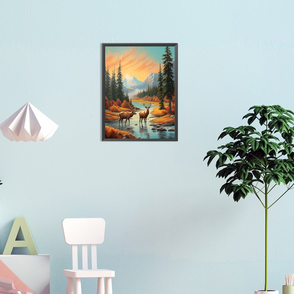 Deer In The River - Full Round Drill Diamond Painting 30*40CM