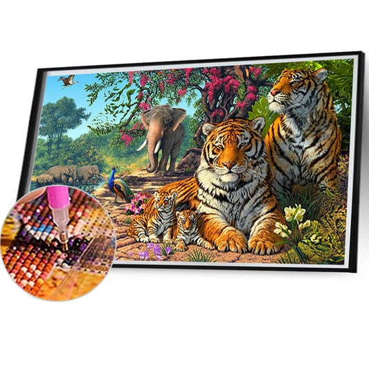 Zoo Tiger Elephant Peacock - Full Round Drill Diamond Painting 75*40CM