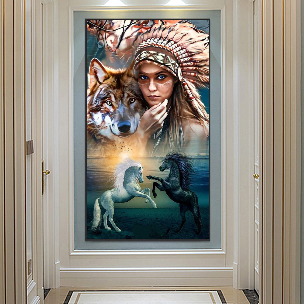 Indians And Wolves - Full Round Drill Diamond Painting 50*90CM