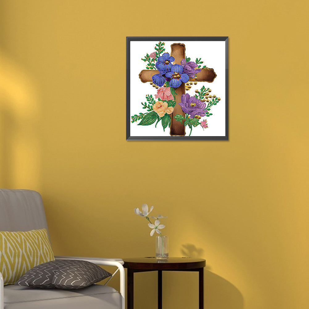 Cross With Flowers - Special Shaped Drill Diamond Painting 30*30CM