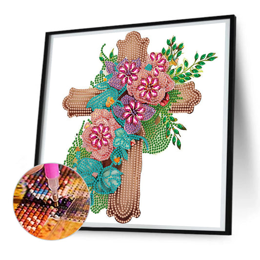 Cross With Flowers - Special Shaped Drill Diamond Painting 30*30CM