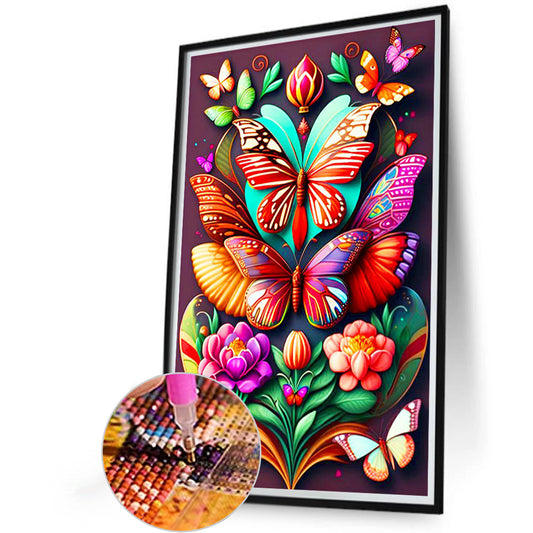 Flower With Two Butterflies - Full Round Drill Diamond Painting 40*60CM
