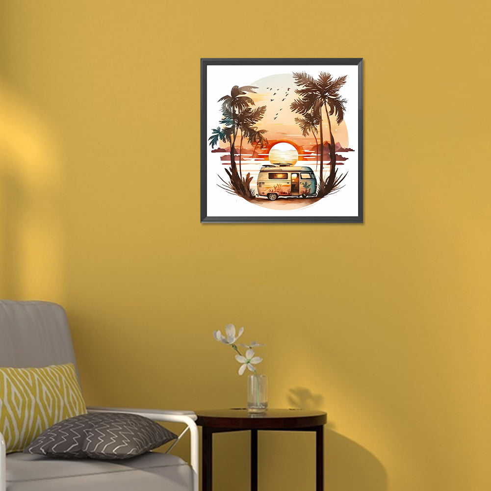 Coconut Grove Seaside Campervan - Full Round Drill Diamond Painting 30*30CM