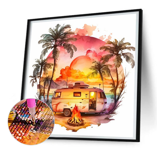 Coconut Grove Seaside Campervan - Full Round Drill Diamond Painting 30*30CM