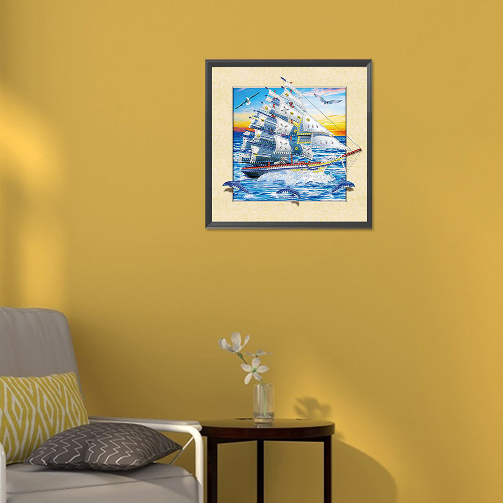 3D Dolphin Sailing Boat - Special Shaped Drill Diamond Painting 30*30CM