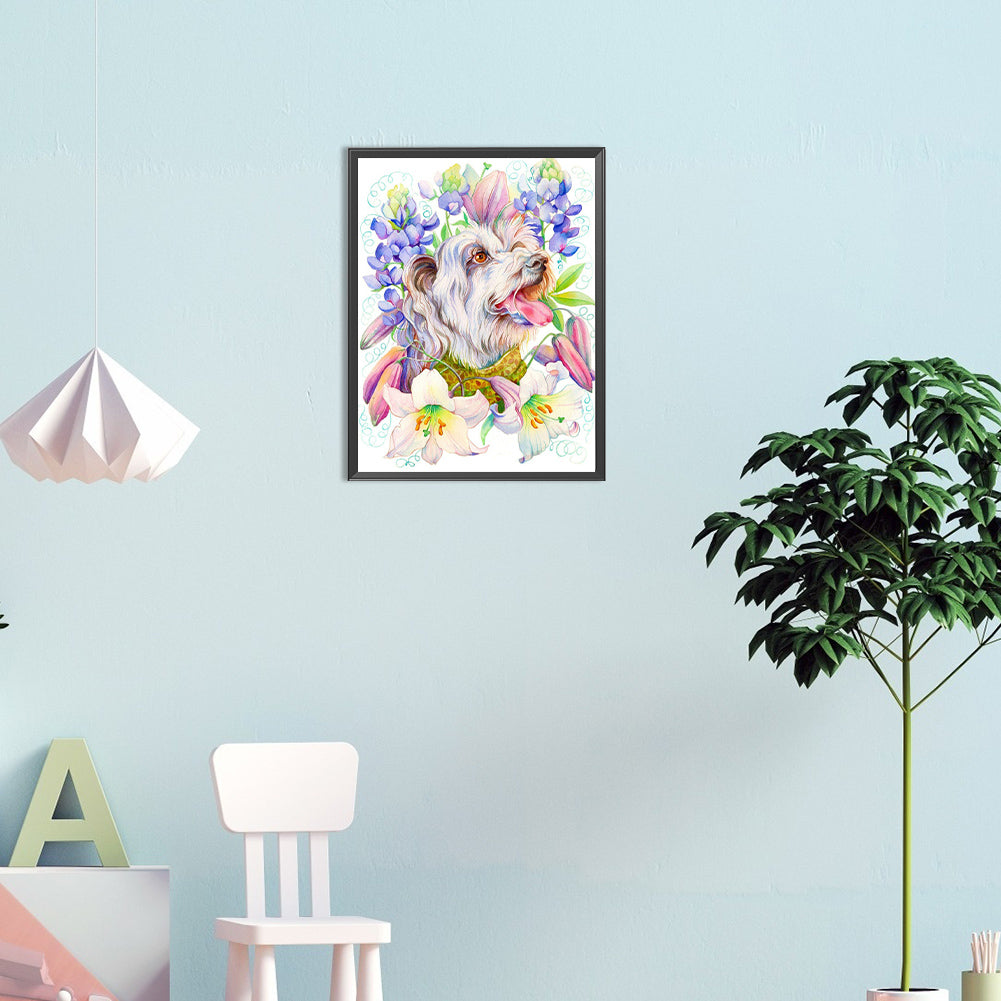 Puppy Surrounded By Flowers - Full Round Drill Diamond Painting 30*40CM