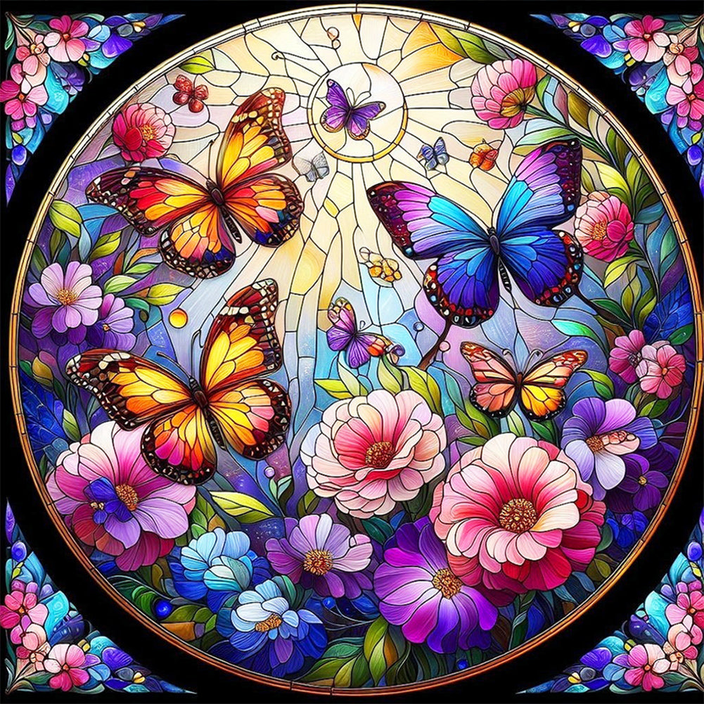 Glass Wind Butterfly And Flower - Full Round Drill Diamond Painting 30*30CM