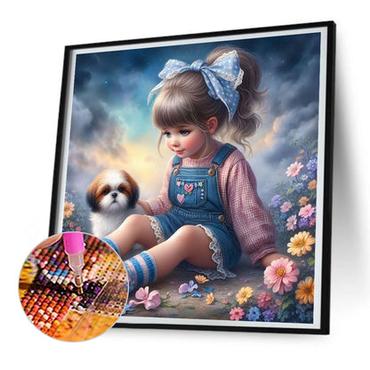 Little Girl And Puppy In The Garden - Full Round Drill Diamond Painting 30*30CM